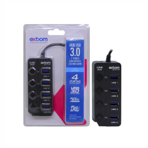HUB USB 3.0 4 PORTAS C/ BOTÃO EXBOM UH-314S PRETO