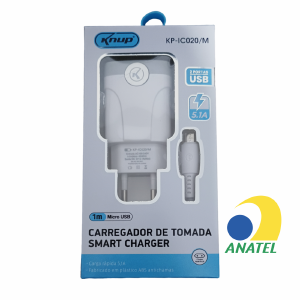 CARREGADOR DE TOMADA SMART CHARGER 2 USB 5.1A + CABO MICRO USB (V8) 1M - KNUP KP-IC020/M BRANCO