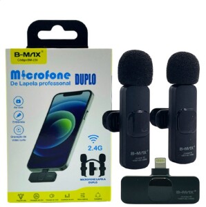 MICROFONE LAPELA DUPLO 2 EM 1 SEM FIO LIGHTNING P/IPHONE IPAD B-MAX BM-230