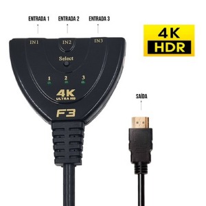 SWITCH HDMI 3 ENTRADAS 1 SAÍDA 4K / 2K / 3D F3 JC-HS-HM